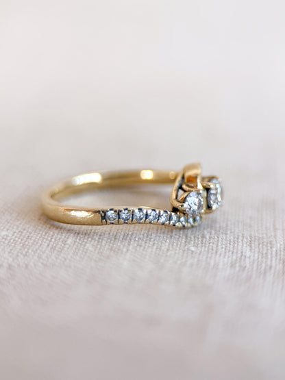 Vintage Diamond Engagement Ring, Round Cut, 10k Gold, Three Stone Offset Swirl Bridal Ring