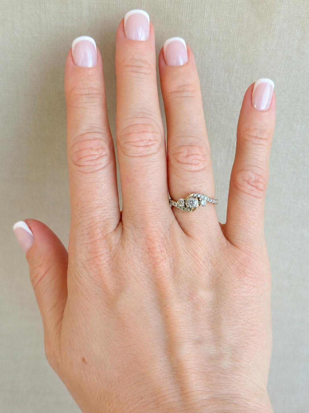 Vintage Diamond Engagement Ring, Round Cut, 10k Gold, Three Stone Offset Swirl Bridal Ring