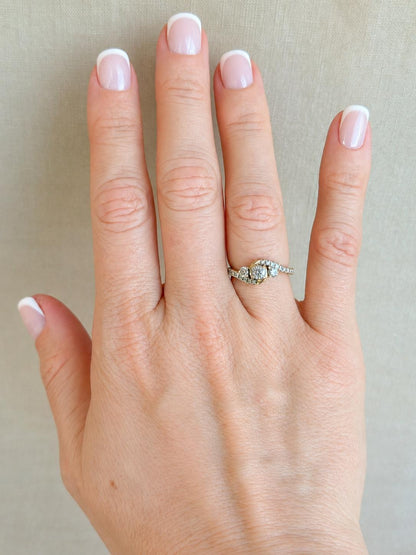 Vintage Diamond Engagement Ring, Round Cut, 10k Gold, Three Stone Offset Swirl Bridal Ring