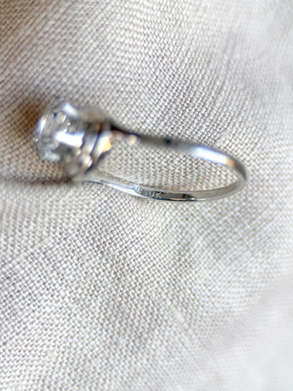 Vintage Topaz Engagement Ring, Round Cut, 10k White Gold, Swirl Solitaire Bridal Ring