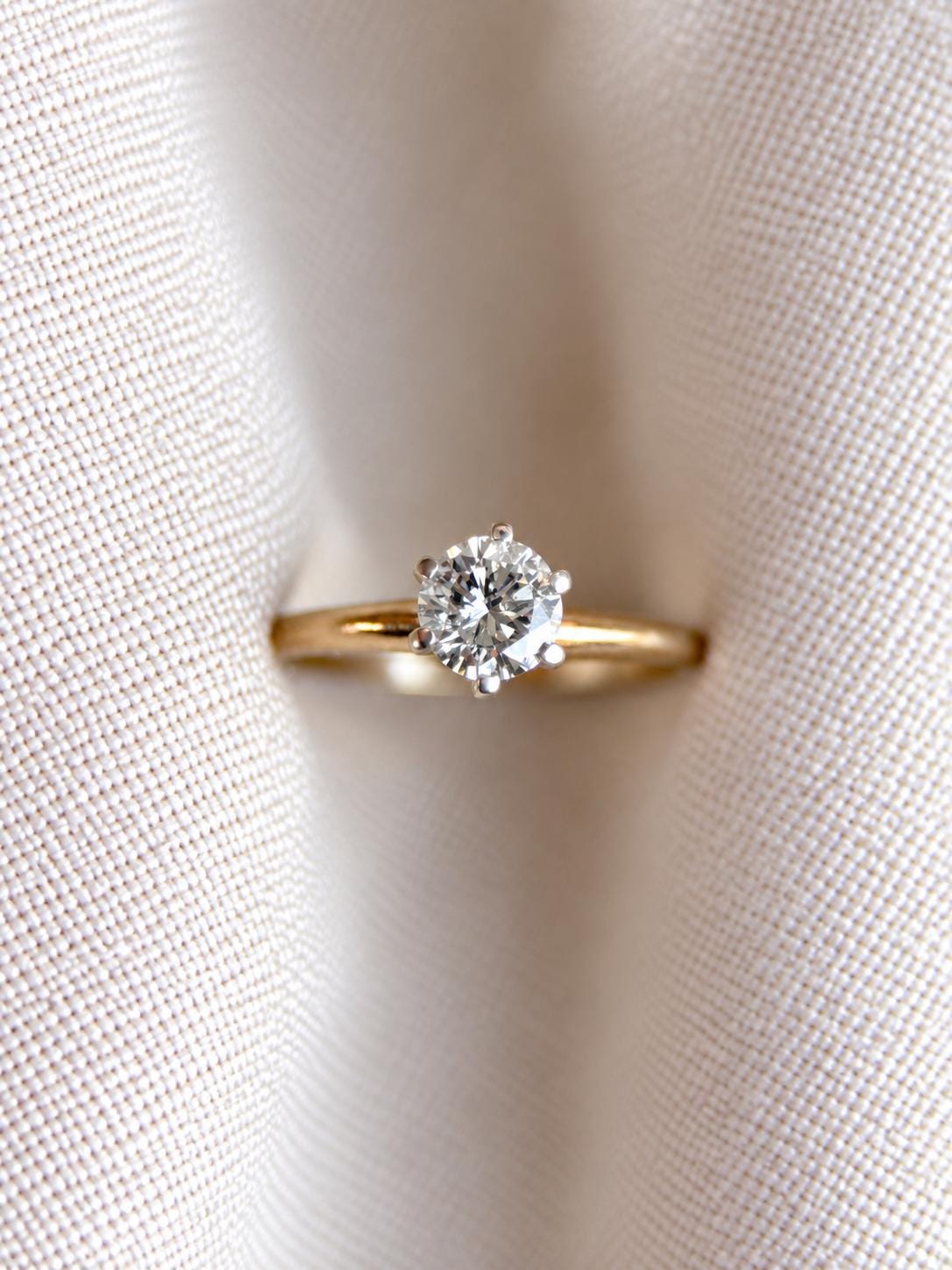 Vintage Diamond Engagement Ring, Round Cut, 14k Gold, Solitaire 6-Prong Bridal Ring