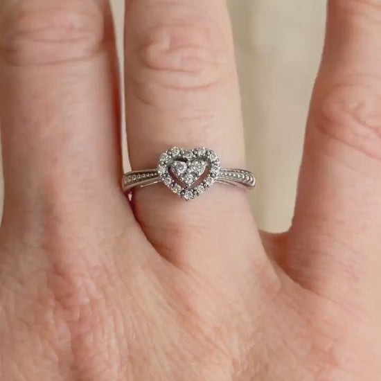 Vintage Diamond Engagement Ring, Heart Shaped 10k White Gold Halo Bridal Ring