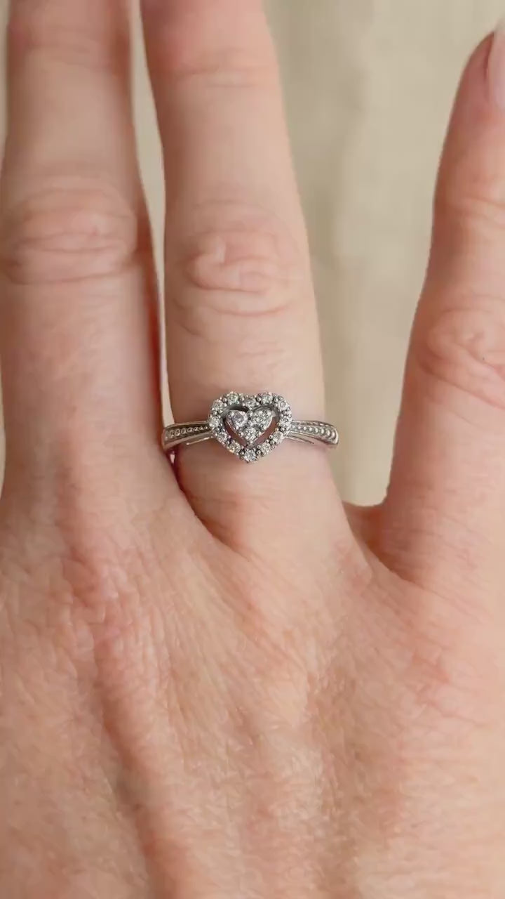 Vintage Diamond Engagement Ring, Heart Shaped 10k White Gold Halo Bridal Ring
