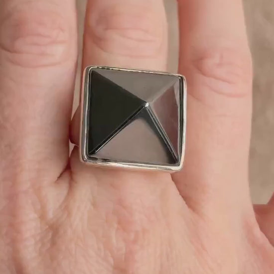 Vintage Hematite Pyramid Ring, Sterling Silver Boho Statement Jewelry