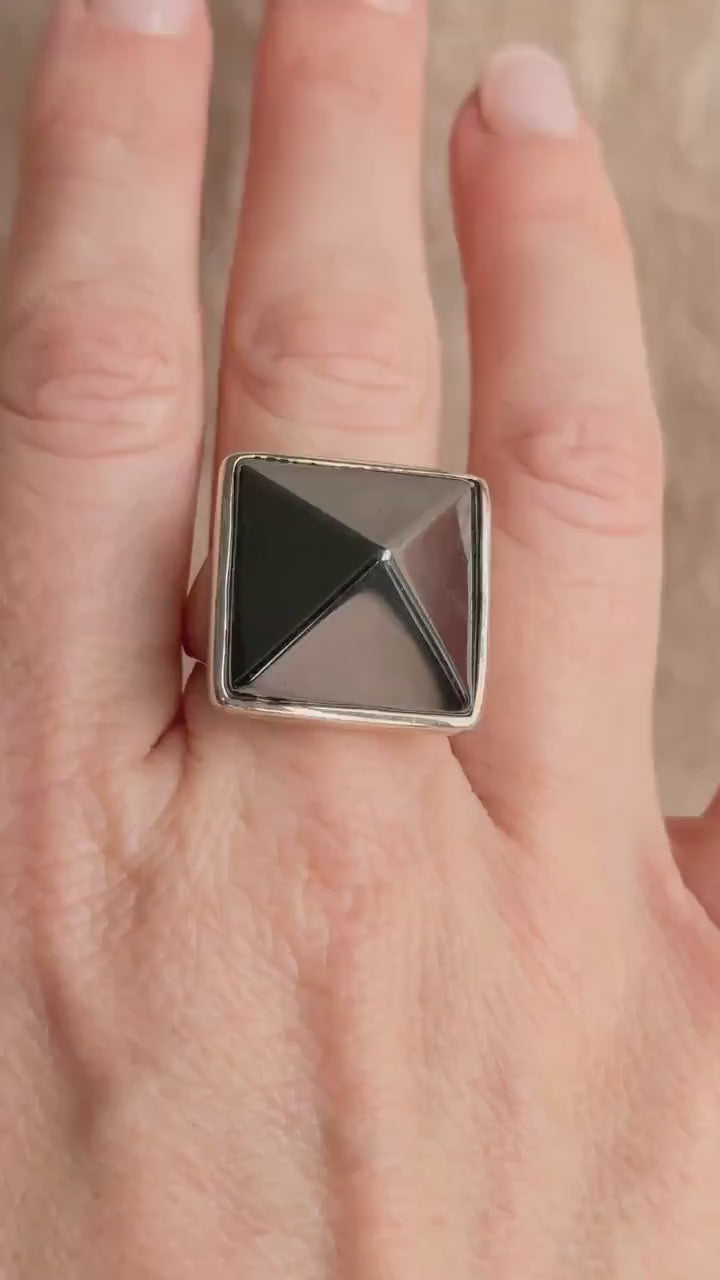 Vintage Hematite Pyramid Ring, Sterling Silver Boho Statement Jewelry