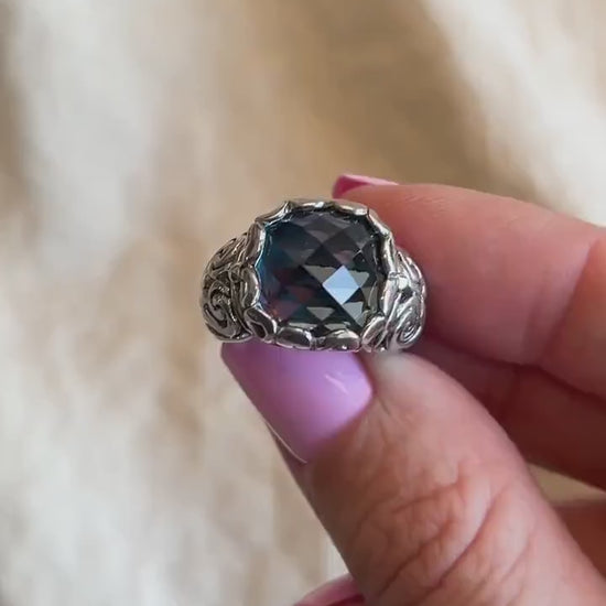 Vintage Sterling Silver London Blue Topaz Ring, Filigree Boho Statement Jewelry