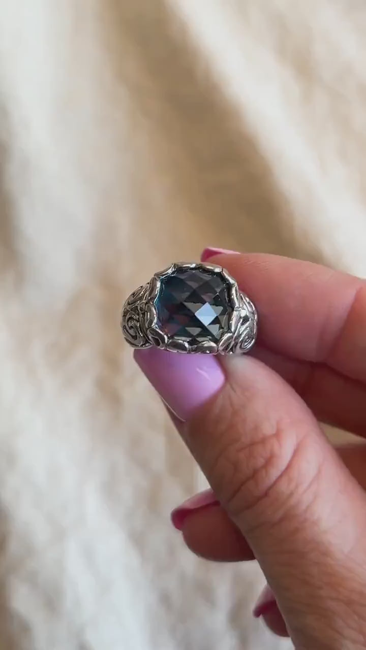 Vintage Sterling Silver London Blue Topaz Ring, Filigree Boho Statement Jewelry