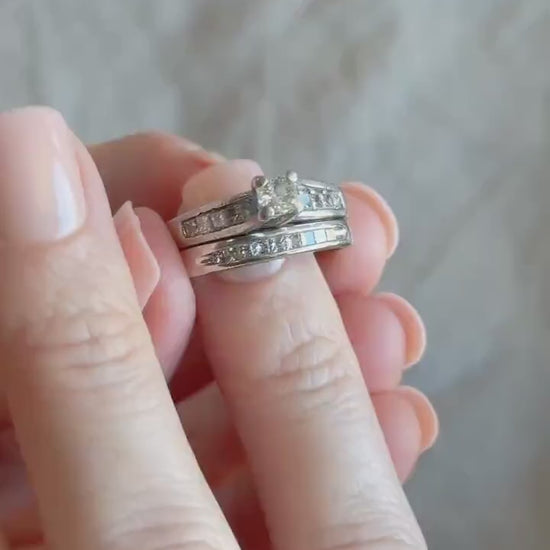 Vintage Diamond Princess Cut Channel Bridal Set in 14k White Gold and Platinum