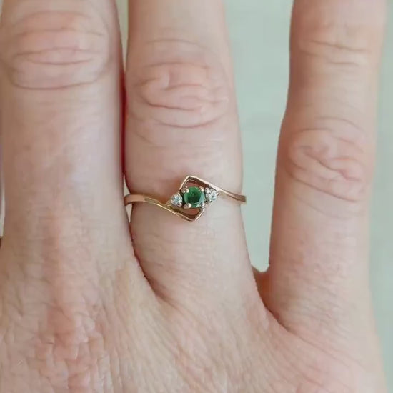 Vintage Emerald and Diamond Engagement Ring, Round Cut, 10k Gold, Three Stone, Bridal Ring