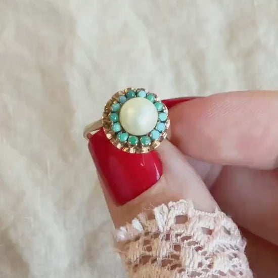 Vintage Pearl and Turquoise Halo Gemstone Ring in 18k Gold