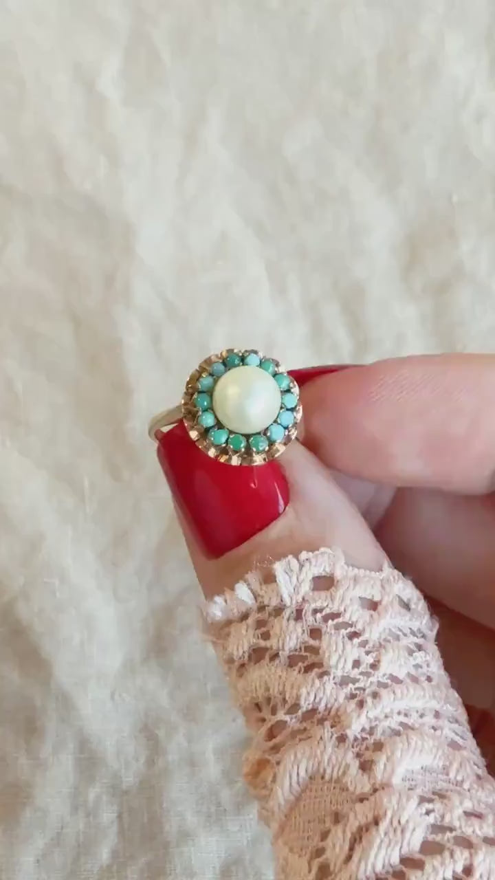 Vintage Pearl and Turquoise Halo Gemstone Ring in 18k Gold