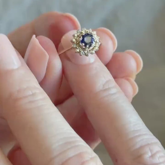 Vintage Sapphire and Diamond Halo Engagement Ring, Round Cut, 14k Gold, Bridal Ring