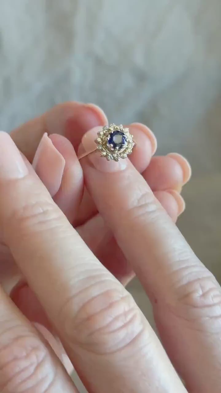 Vintage Sapphire and Diamond Halo Engagement Ring, Round Cut, 14k Gold, Bridal Ring