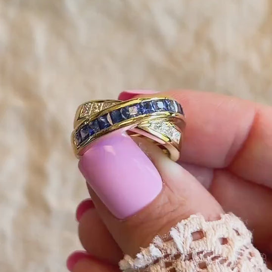 Vintage Sapphire and Diamond Anniversary Band, 18k Gold, Criss-Cross Statement Ring, Woven Band