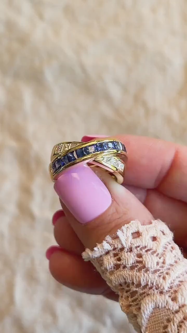 Vintage Sapphire and Diamond Anniversary Band, 18k Gold, Criss-Cross Statement Ring, Woven Band