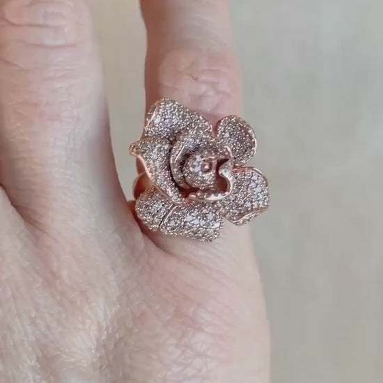 Vintage Diamond Flower Ring, 14k Rose Gold, Pave Floral Statement Ring