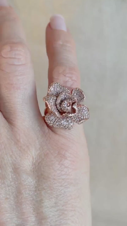 Vintage Diamond Flower Ring, 14k Rose Gold, Pave Floral Statement Ring