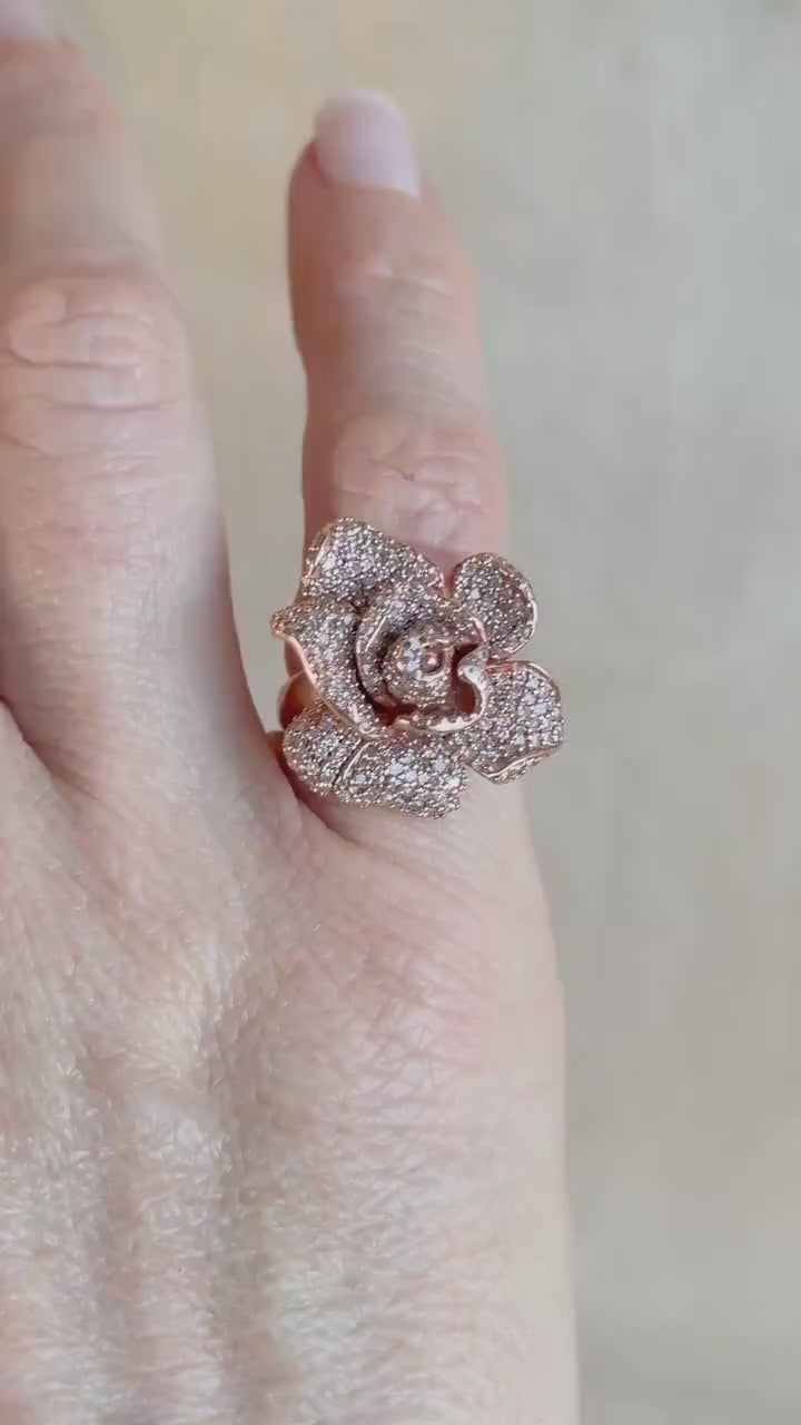 Vintage Diamond Flower Ring, 14k Rose Gold, Pave Floral Statement Ring