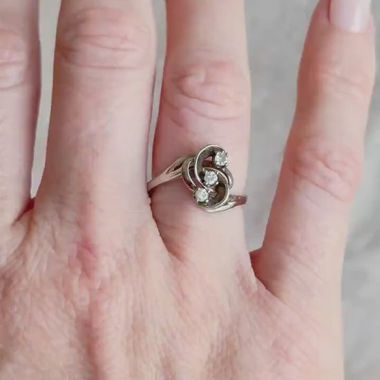Vintage Diamond Engagement Ring, Round Cut, 14k White Gold, 1970s Three Stone Swirl Setting