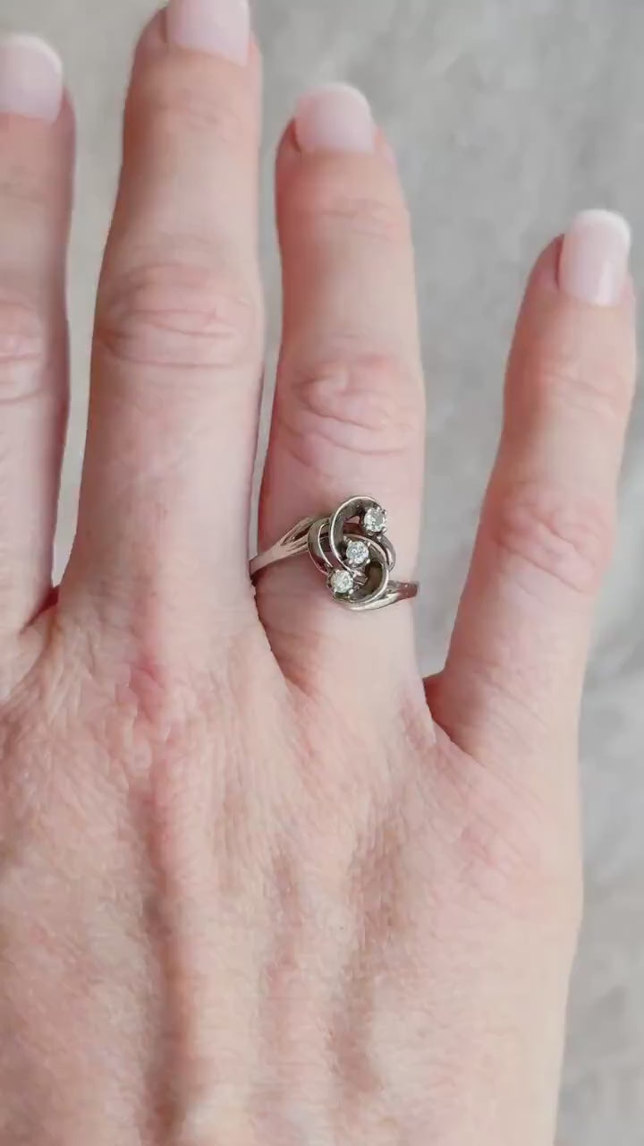 Vintage Diamond Engagement Ring, Round Cut, 14k White Gold, 1970s Three Stone Swirl Setting