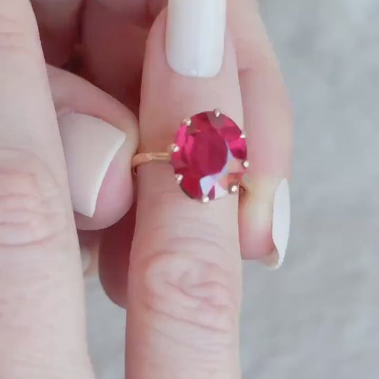 Vintage Art Deco Oval Cut Solitaire Ruby Ring in 14k Gold