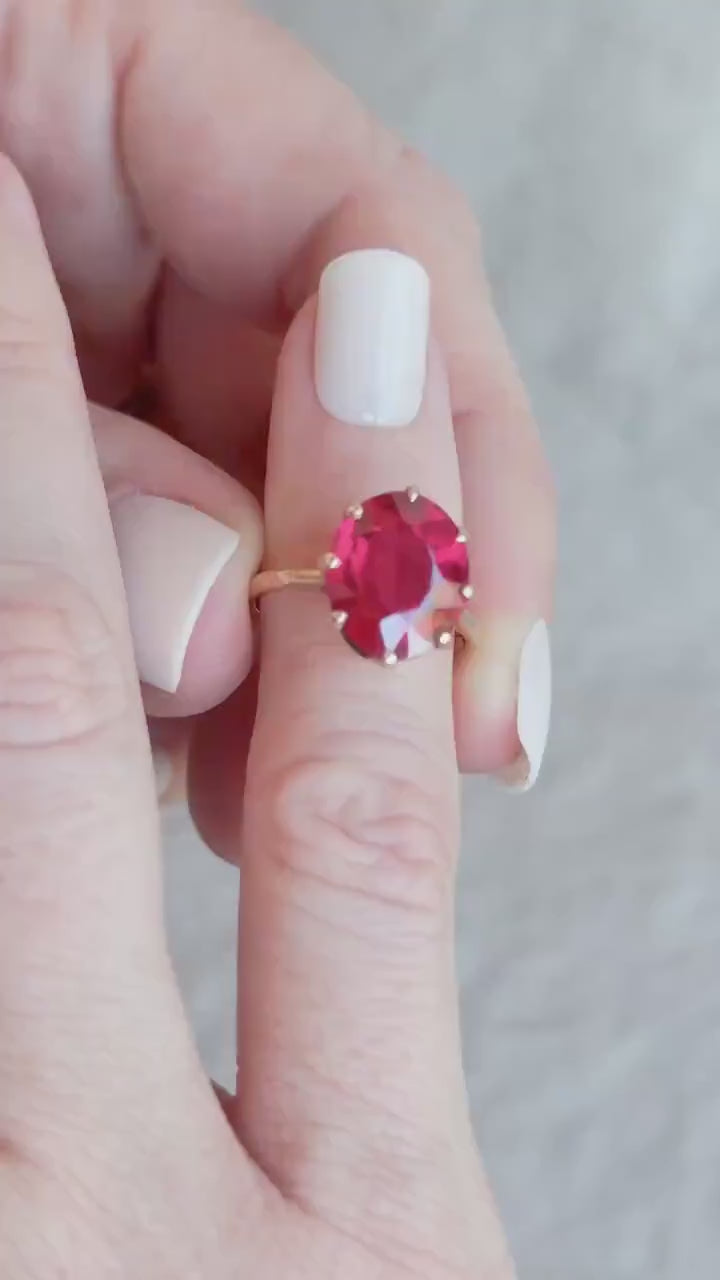 Vintage Art Deco Oval Cut Solitaire Ruby Ring in 14k Gold