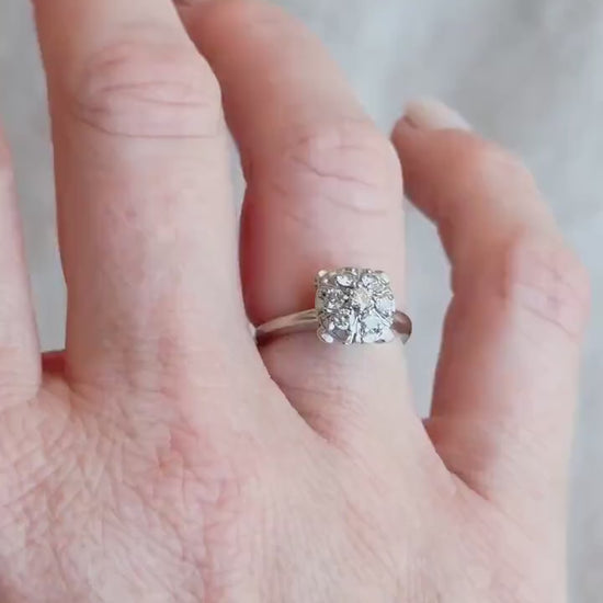 Vintage Diamond Engagement Ring, Round Cut, 14k White Gold, 1950s Halo Cluster Bridal Ring