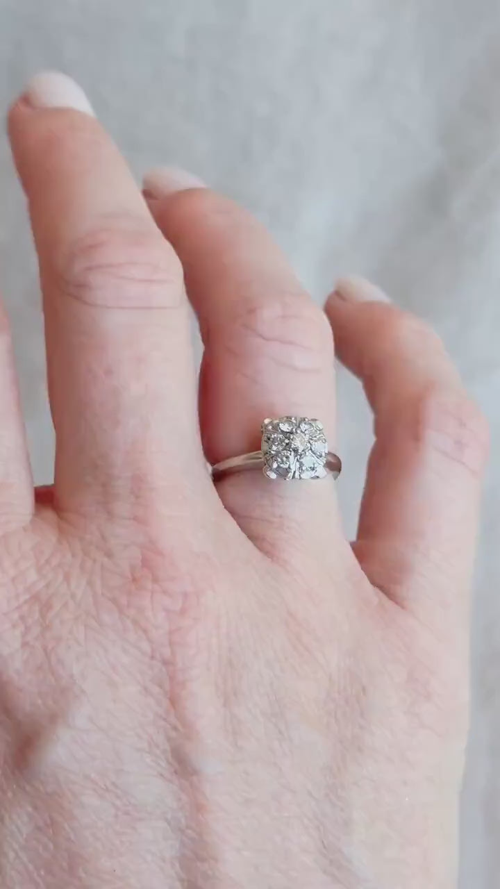Vintage Diamond Engagement Ring, Round Cut, 14k White Gold, 1950s Halo Cluster Bridal Ring