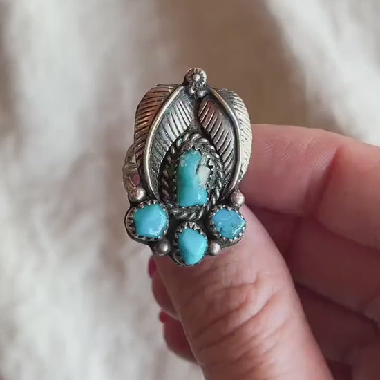 Vintage Sterling Silver Turquoise Feather Ring, Southwestern Boho Statement Jewelry