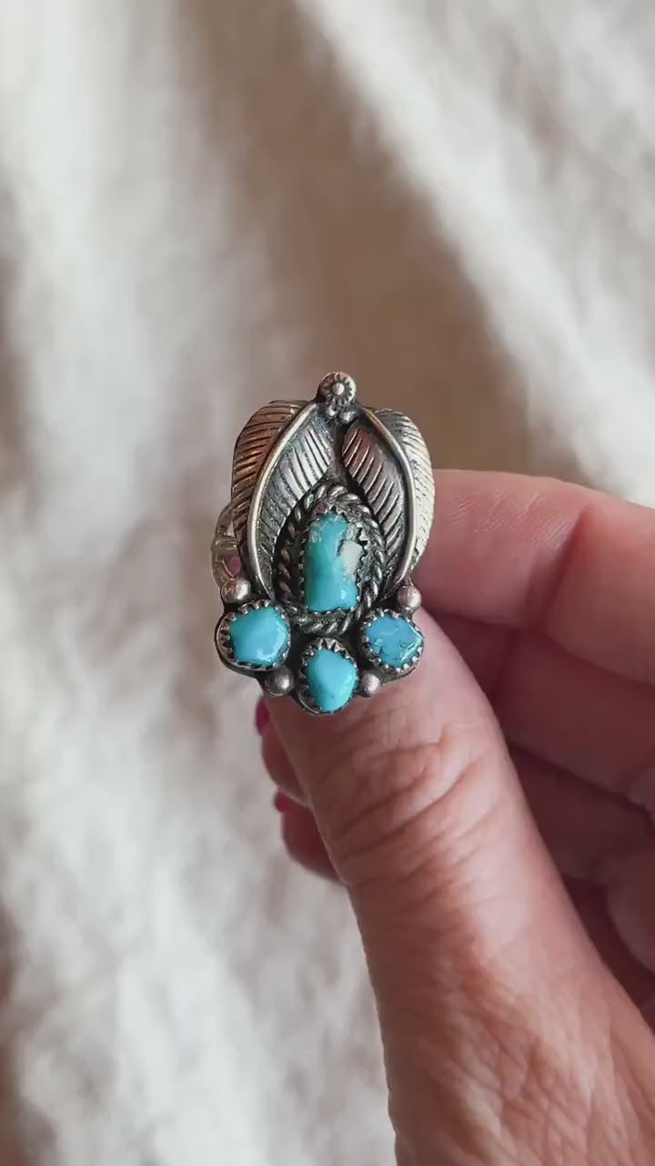 Vintage Sterling Silver Turquoise Feather Ring, Southwestern Boho Statement Jewelry
