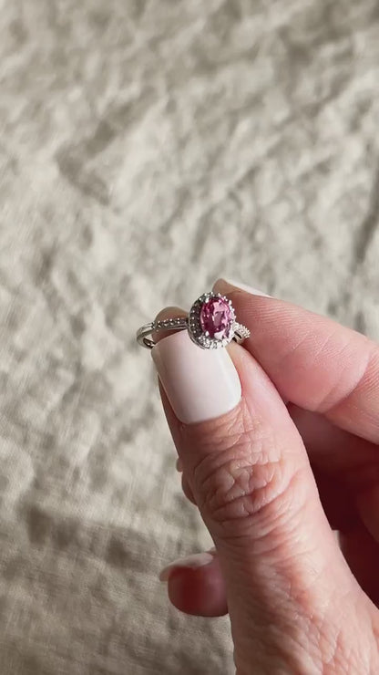 Vintage 1990s Tourmaline & Diamond Engagement Ring, 14k White Gold, Oval Halo Gemstone Bridal Jewelry