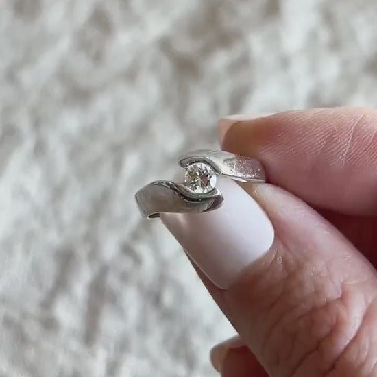 Vintage Diamond Engagement Ring, Round Cut, 14k White Gold, 1990s Swirl Solitaire Bridal Ring
