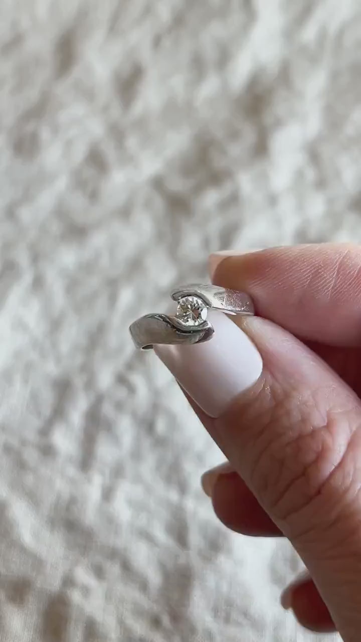 Vintage Diamond Engagement Ring, Round Cut, 14k White Gold, 1990s Swirl Solitaire Bridal Ring