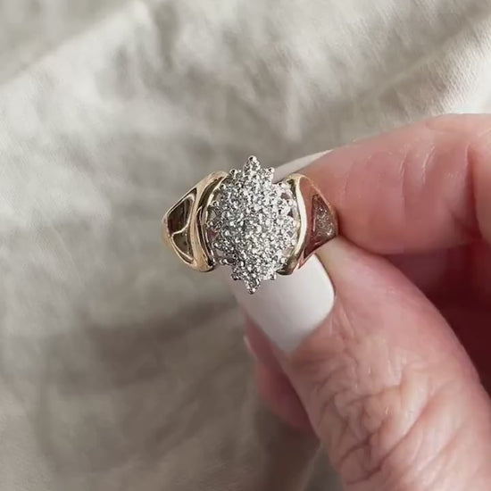 Vintage Diamond Engagement Ring, Marquise Shaped, 14k Gold, 1980s Cluster Bridal Ring