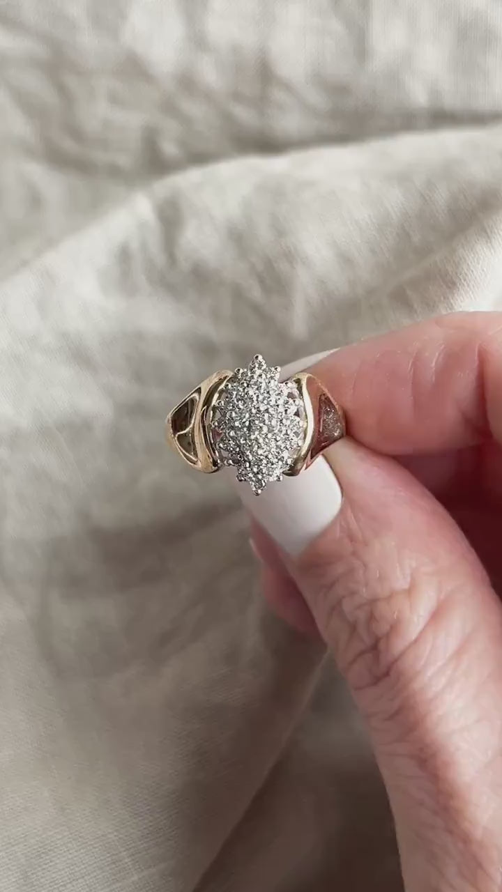 Vintage Diamond Engagement Ring, Marquise Shaped, 14k Gold, 1980s Cluster Bridal Ring