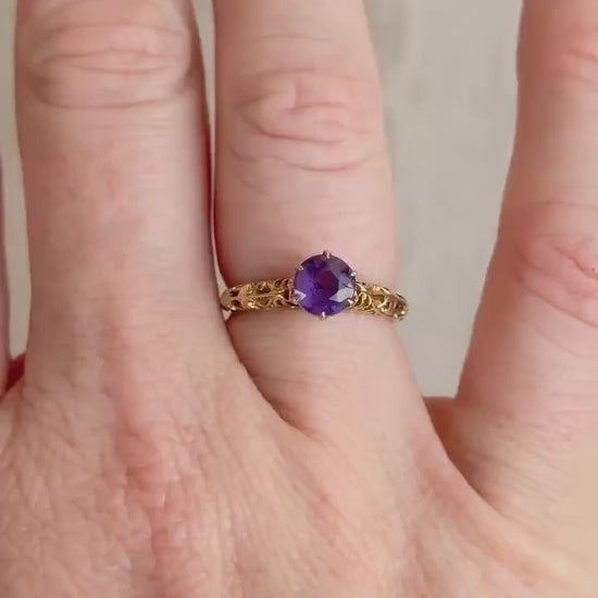 Vintage Amethyst Engagement Ring, Round Cut Solitaire, 14k Gold, Filigree Alternative Bridal Ring