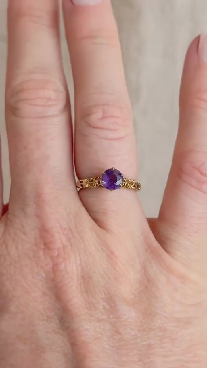 Vintage Amethyst Engagement Ring, Round Cut Solitaire, 14k Gold, Filigree Alternative Bridal Ring