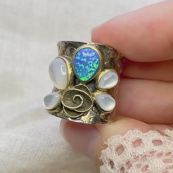 Vintage Opal Ring Sterling Silver, Wide Boho Swirl Gemstone Band, Everyday Ring