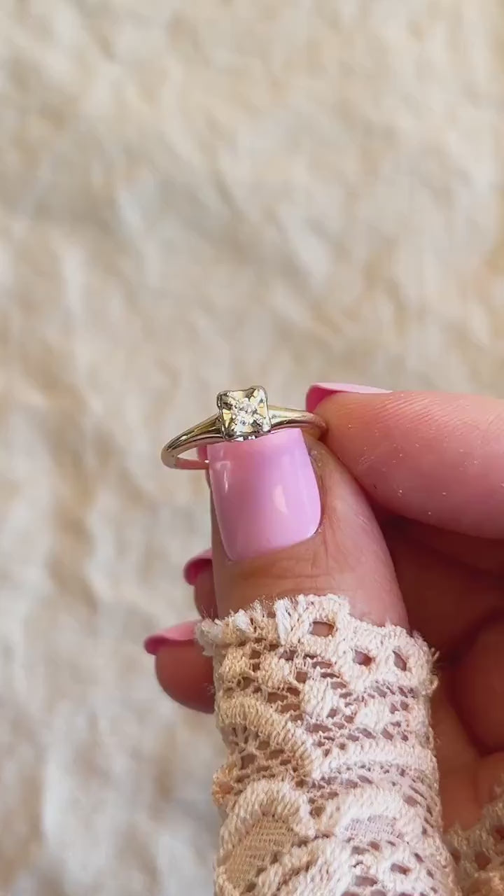 Vintage Diamond Engagement Ring, Round Cut, 14k Gold, 1930s Art Deco Solitaire Bridal Ring
