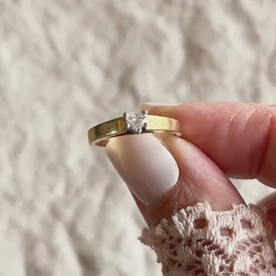 Vintage Diamond Engagement Ring, Heart Cut, 14k Gold, 1990s Solitaire Prong Set Cathedral