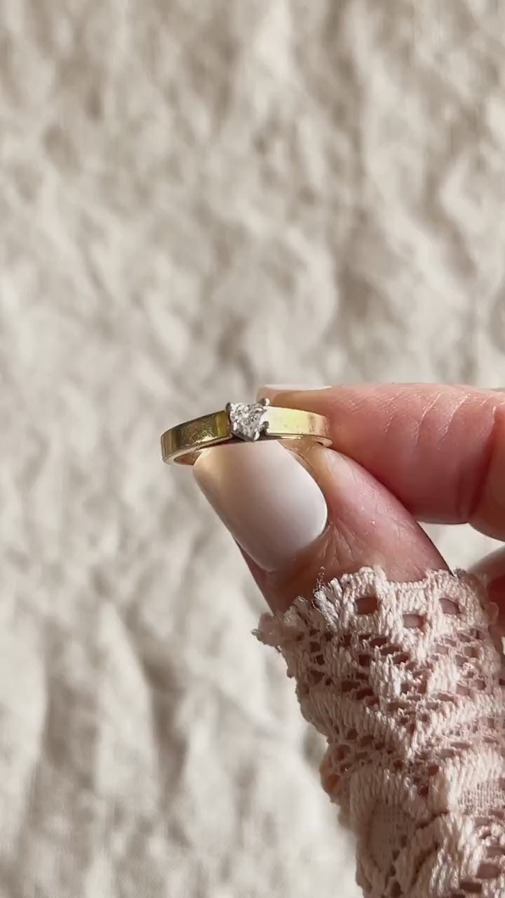 Vintage Diamond Engagement Ring, Heart Cut, 14k Gold, 1990s Solitaire Prong Set Cathedral