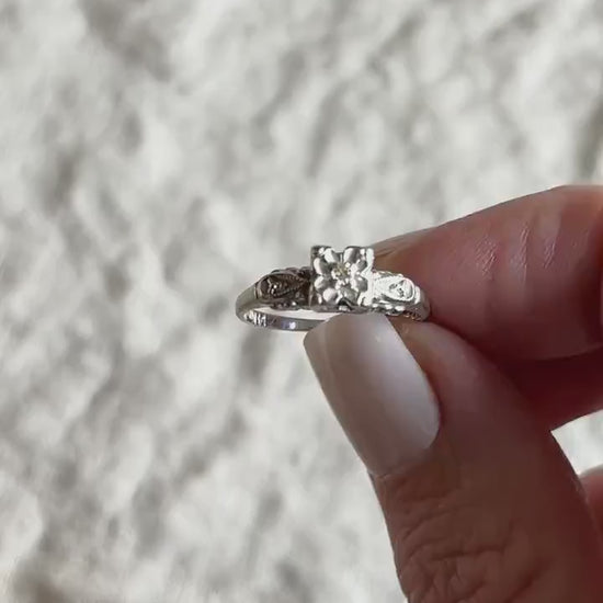 Vintage Diamond Engagement Ring, Round Cut, 14k White Gold, 1940s Art Deco Bridal Ring