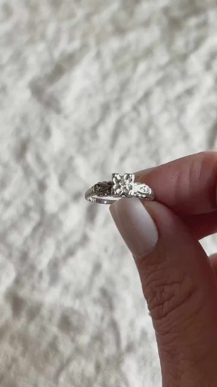 Vintage Diamond Engagement Ring, Round Cut, 14k White Gold, 1940s Art Deco Bridal Ring