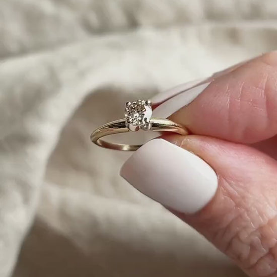 Vintage Diamond Engagement Ring, Round Cut, 14k Gold, 1990s Solitaire Champagne Bridal Ring