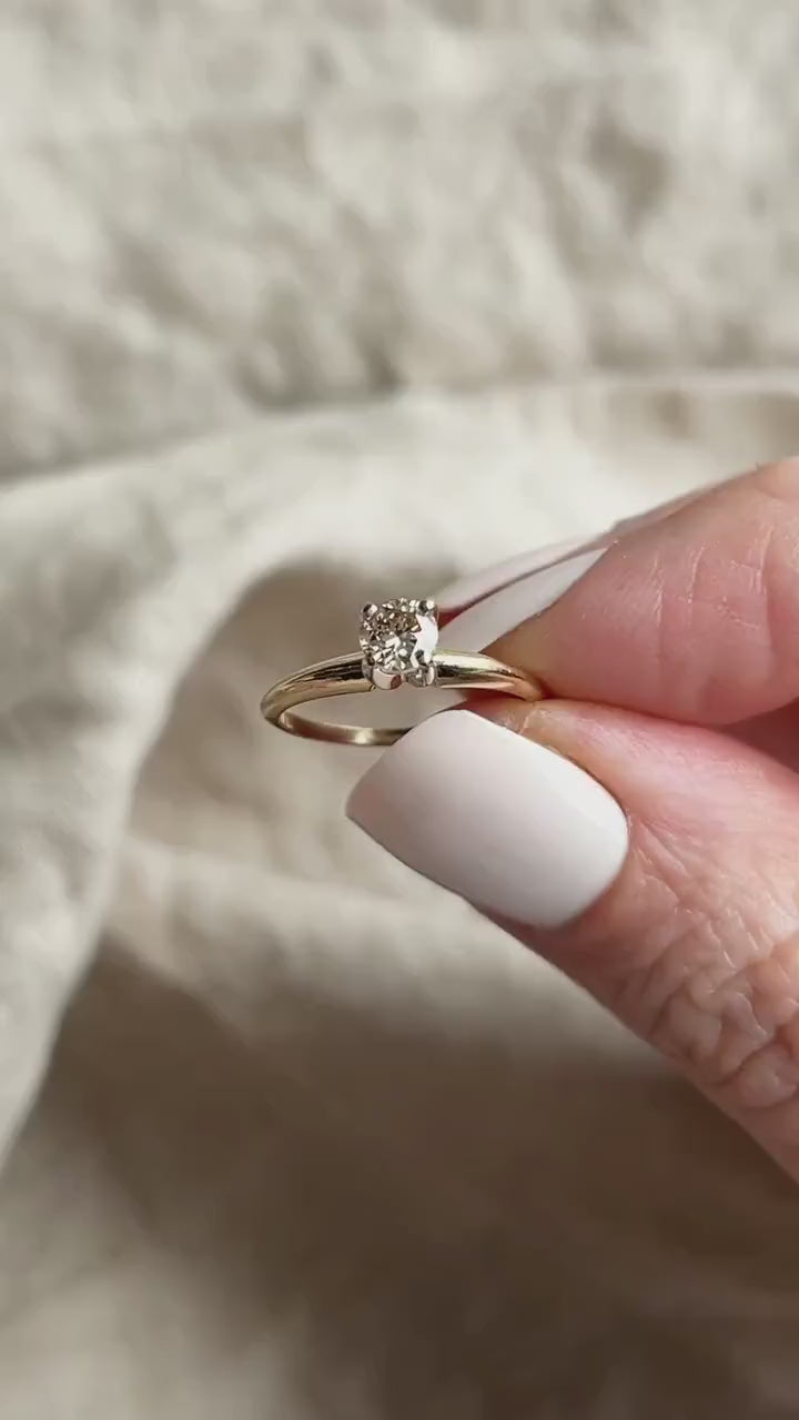 Vintage Diamond Engagement Ring, Round Cut, 14k Gold, 1990s Solitaire Champagne Bridal Ring