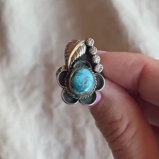 Vintage Turquoise Sterling Silver Ring, Southwestern Floral Statement Jewelry
