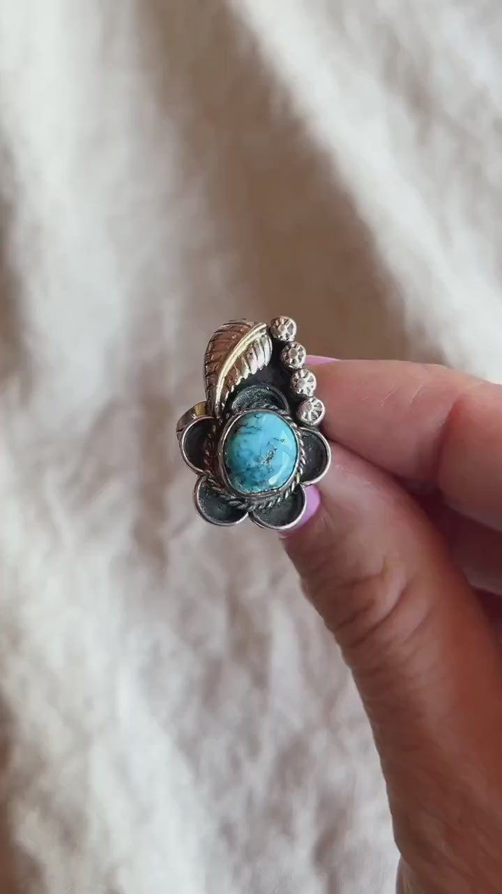 Vintage Turquoise Sterling Silver Ring, Southwestern Floral Statement Jewelry