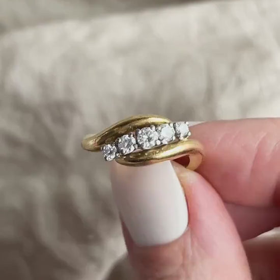 Vintage Diamond Engagement Ring, Round Cut, 18k Gold, 1990s Five-Stone Curved Bridal Ring