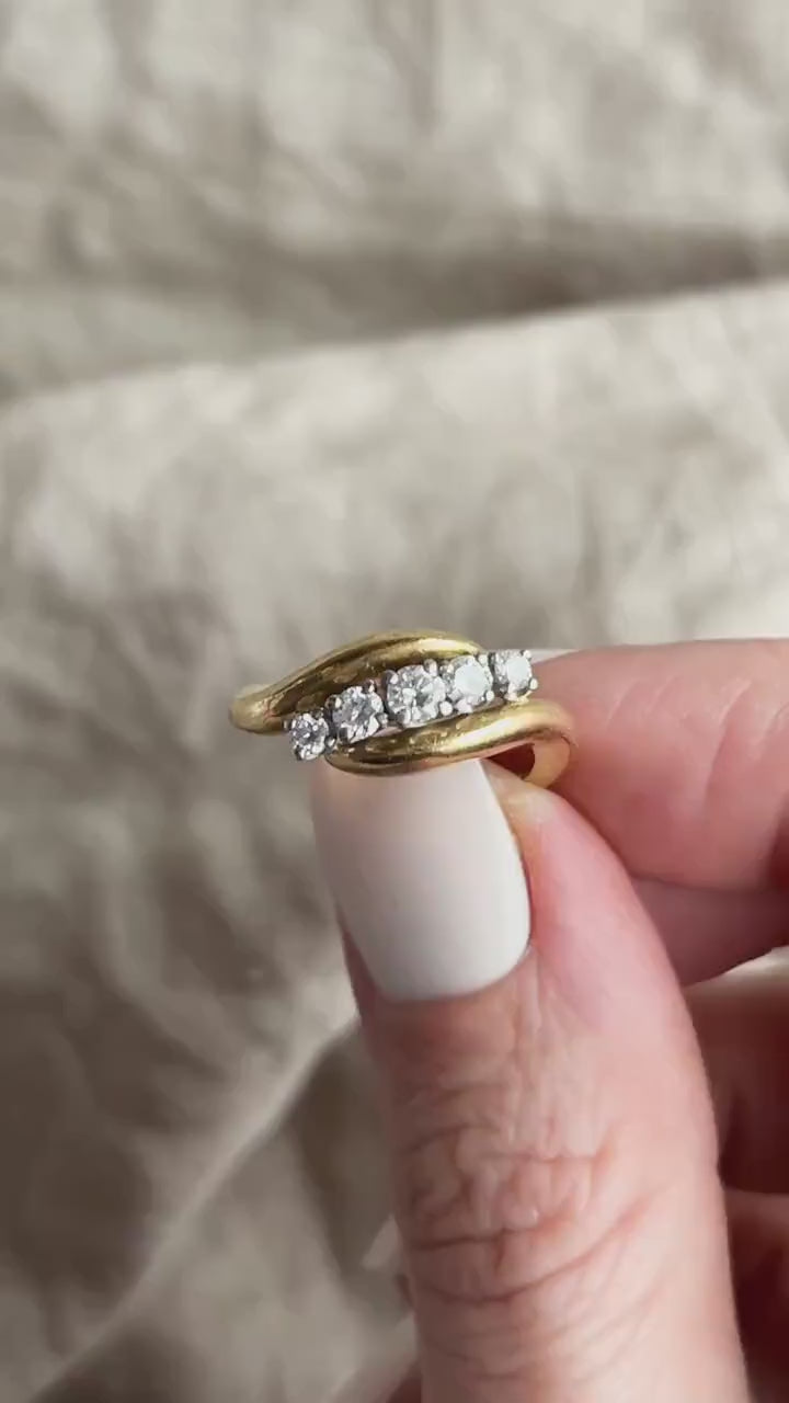 Vintage Diamond Engagement Ring, Round Cut, 18k Gold, 1990s Five-Stone Curved Bridal Ring