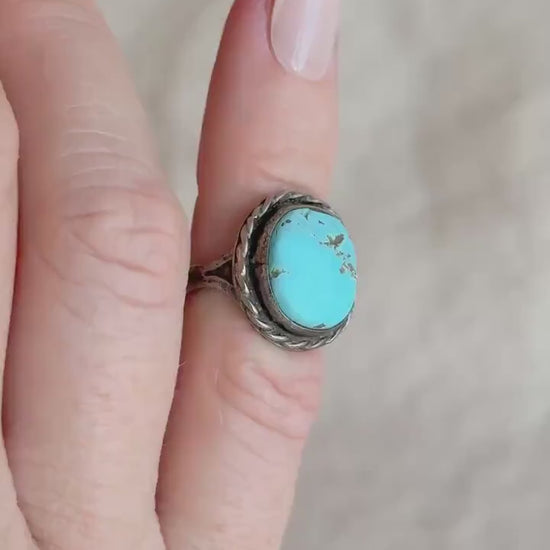 Vintage Sterling Silver Oval Turquoise Statement Ring, Boho Artisan Jewelry